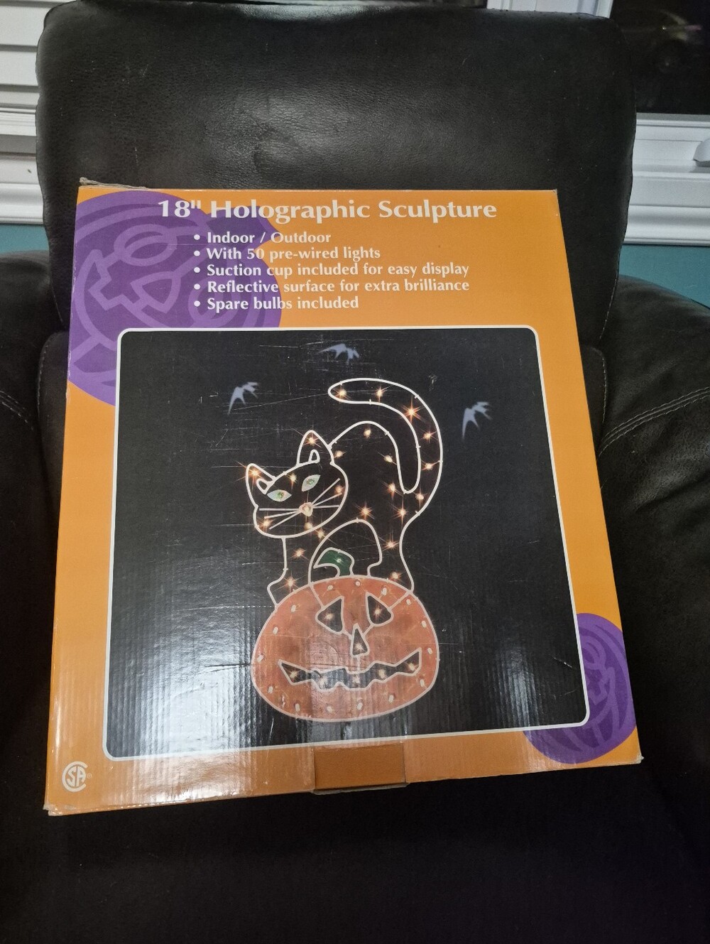 Vintage 90s Halloween Cat on Pumpkin Window Light Holographic Decoration